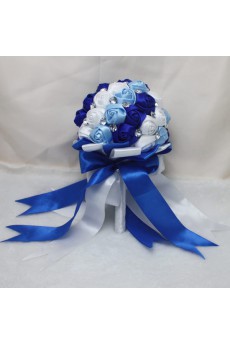 Fashion Round Shape Blue and White and Sky Blue Fabric Wedding Bridal Bouquet with Rhinestone