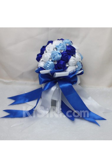 Fashion Round Shape Blue and White and Sky Blue Fabric Wedding Bridal Bouquet with Rhinestone