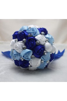 Fashion Round Shape Blue and White and Sky Blue Fabric Wedding Bridal Bouquet with Rhinestone