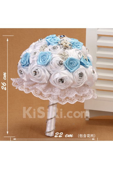 Elegant Round Shape Sky Blue and Ivory Fabric Wedding Bridal Bouquet with Rhinestone and Imitation Pearls