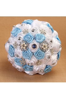 Elegant Round Shape Sky Blue and Ivory Fabric Wedding Bridal Bouquet with Rhinestone and Imitation Pearls