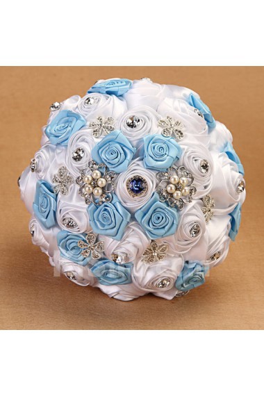 Elegant Round Shape Sky Blue and Ivory Fabric Wedding Bridal Bouquet with Rhinestone and Imitation Pearls