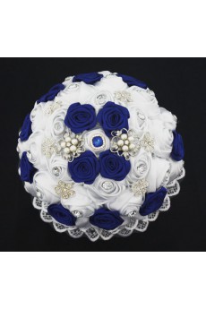 Elegant Round Shape Royal Blue and White Fabric Wedding Bridal Bouquet with Rhinestone and Imitation Pearls