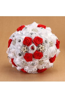 Elegant Round Shape Red and White Fabric Wedding Bridal Bouquet with Rhinestone and Imitation Pearls