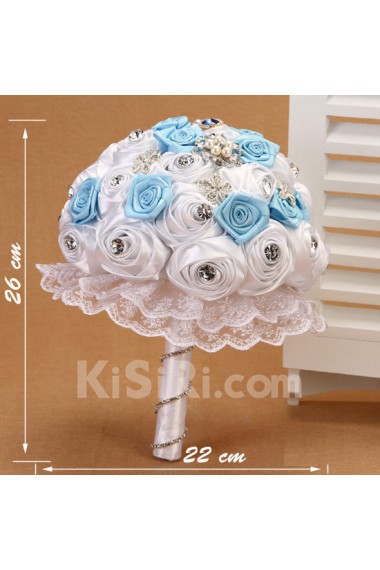 Elegant Round Shape Light Blue and White Fabric Wedding Bridal Bouquet with Rhinestone and Imitation Pearls