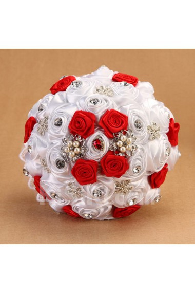 Elegant Round Shape Red and White Fabric Wedding Bridal Bouquet with Rhinestone and Imitation Pearls