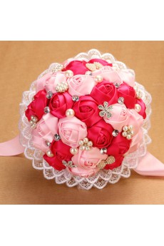 Round Shape Red and Pink Fabric Wedding Bridal Bouquet with Rhinestone and Imitation Pearls