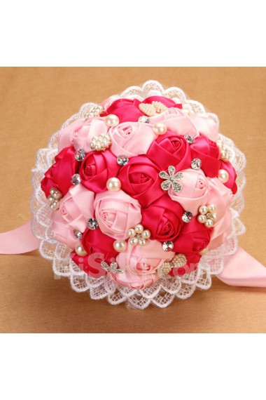 Round Shape Red and Pink Fabric Wedding Bridal Bouquet with Rhinestone and Imitation Pearls