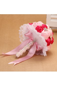 Round Shape Red and Pink Fabric Wedding Bridal Bouquet with Rhinestone and Imitation Pearls