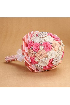 Round Shape Ivory and Pink Fabric Wedding Bridal Bouquet with Rhinestone and Imitation Pearls