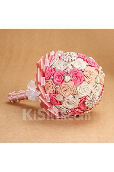 Round Shape Ivory and Pink Fabric Wedding Bridal Bouquet with Rhinestone and Imitation Pearls