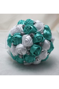 Round Shape Blue and White Fabric Wedding Bridal Bouquet with Rhinestone