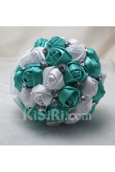 Round Shape Blue and White Fabric Wedding Bridal Bouquet with Rhinestone