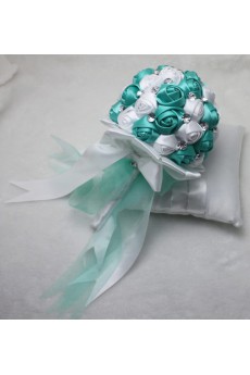 Round Shape Blue and White Fabric Wedding Bridal Bouquet with Rhinestone