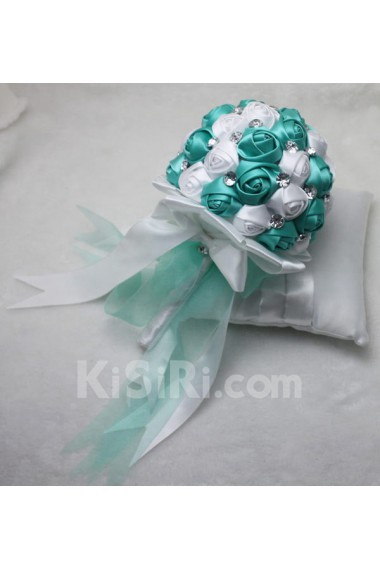 Round Shape Blue and White Fabric Wedding Bridal Bouquet with Rhinestone