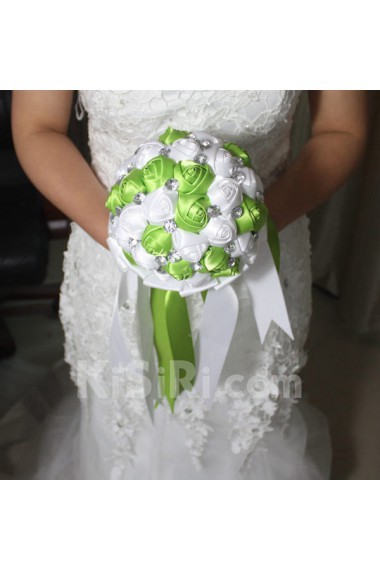 Round Shape Dark Green and White Fabric Wedding Bridal Bouquet with Rhinestone