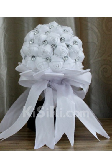 Round Shape White Fabric Wedding Bridal Bouquet with Rhinestone