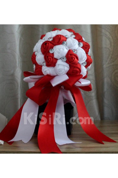 Round Shape Red and White Fabric Wedding Bridal Bouquet with Rhinestone