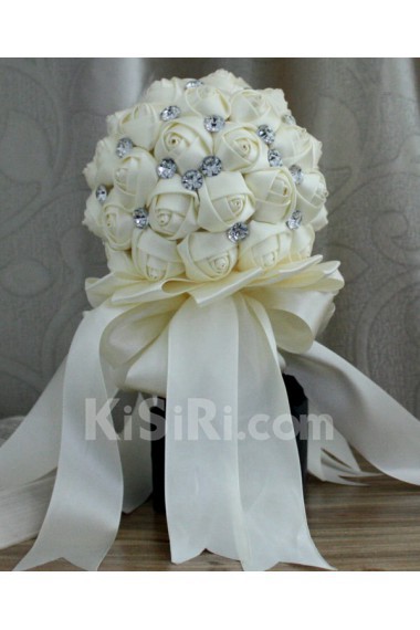 Round Shape Light White Fabric Wedding Bridal Bouquet with Rhinestone