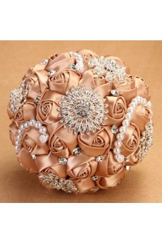 Round Shape Champagne Fabric Wedding Bridal Bouquet with Rhinestone and Imitation Pearls