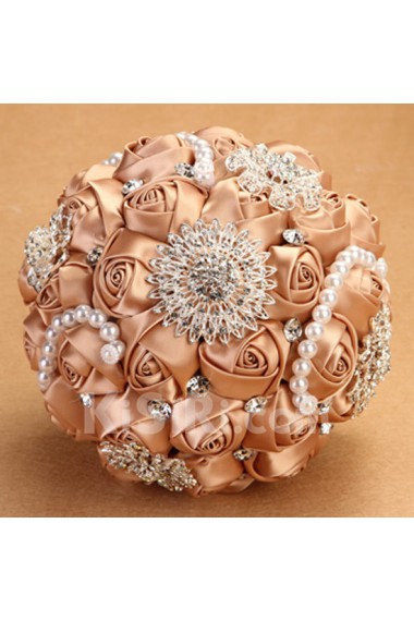 Round Shape Champagne Fabric Wedding Bridal Bouquet with Rhinestone and Imitation Pearls