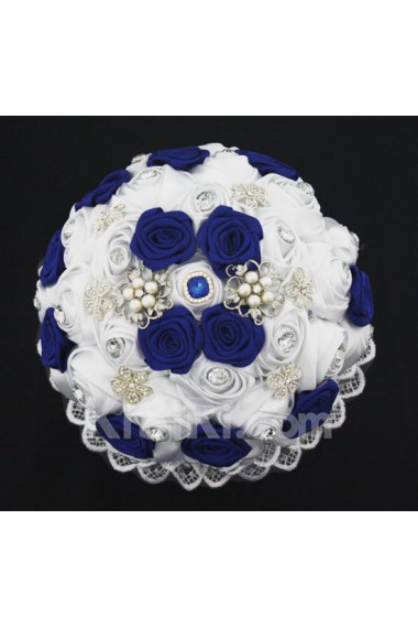 Round Shape Royal Blue and White Fabric Wedding Bridal Bouquet with Rhinestone and Imitation Pearls