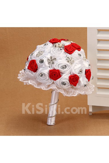 Round Shape Red and White Fabric Wedding Bridal Bouquet with Rhinestone and Imitation Pearls