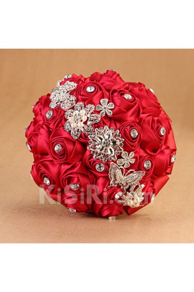 Round Shape Red Fabric Wedding Bridal Bouquet with Rhinestone and Imitation Pearls