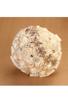 Round Shape Light White Fabric Wedding Bridal Bouquet with Rhinestone and Imitation Pearls