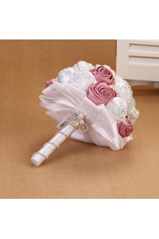 Round Shape Pink and White Fabric Wedding Bridal Bouquet with Rhinestone and Imitation Pearls