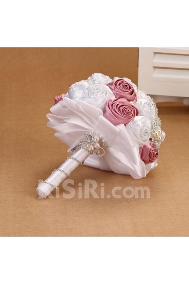 Round Shape Pink and White Fabric Wedding Bridal Bouquet with Rhinestone and Imitation Pearls