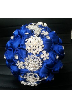 Round Shape Royal Blue Fabric Wedding Bridal Bouquet with Rhinestone and Imitation Pearls