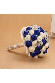 Round Shape Royal Blue and Light White Fabric Wedding Bridal Bouquet with Rhinestone and Imitation Pearls