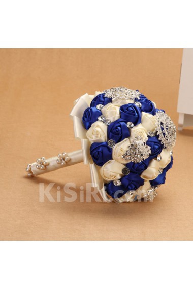 Round Shape Royal Blue and Light White Fabric Wedding Bridal Bouquet with Rhinestone and Imitation Pearls