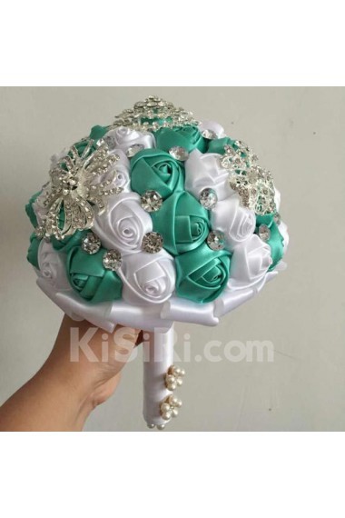 Round Shape Blue and White Fabric Wedding Bridal Bouquet with Rhinestone and Imitation Pearls