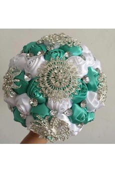 Round Shape Blue and White Fabric Wedding Bridal Bouquet with Rhinestone and Imitation Pearls