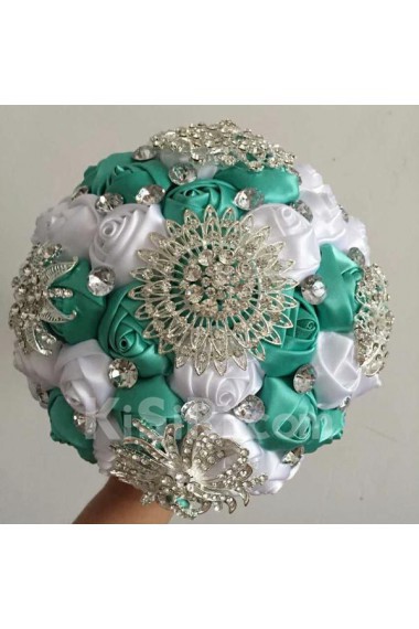 Round Shape Blue and White Fabric Wedding Bridal Bouquet with Rhinestone and Imitation Pearls