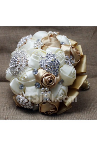 Round Shape Light White and Coffee Silk Wedding Bridal Bouquet with Imitation Pearls and Rhinestone