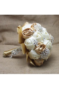 Round Shape Light White and Coffee Silk Wedding Bridal Bouquet with Imitation Pearls and Rhinestone