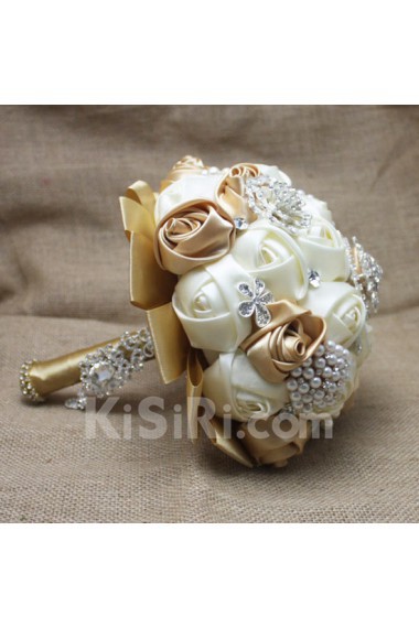 Round Shape Light White and Coffee Silk Wedding Bridal Bouquet with Imitation Pearls and Rhinestone