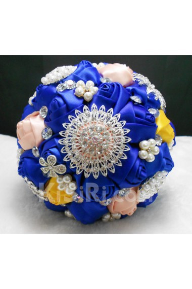 Round Shape Yellow and Royal Blue Silk Wedding Bridal Bouquet with Imitation Pearls and Rhinestone