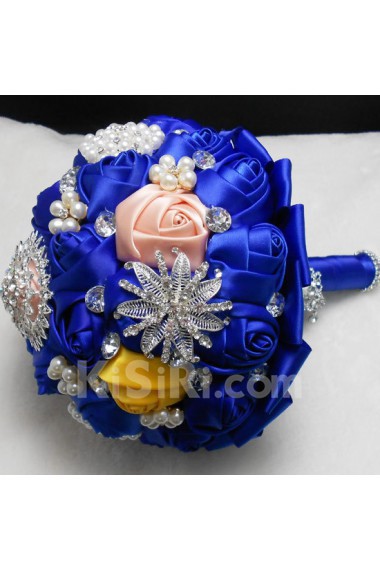 Round Shape Yellow and Royal Blue Silk Wedding Bridal Bouquet with Imitation Pearls and Rhinestone