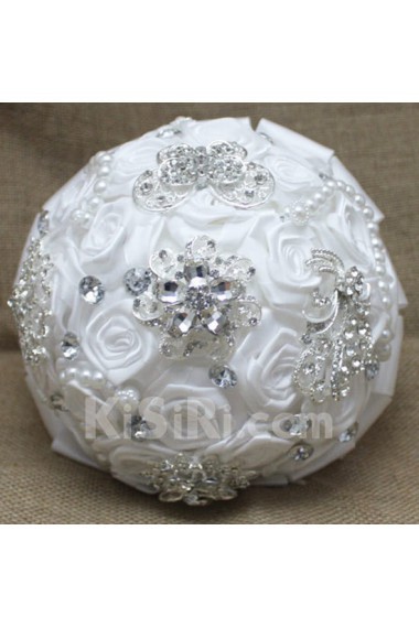 Round Shape White Satin Wedding Bridal Bouquet with Imitation Pearls and Rhinestone