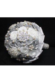 Round Shape White and Silver Satin Wedding Bridal Bouquet with Imitation Pearls and Rhinestone