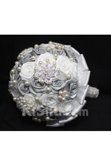 Round Shape White and Silver Satin Wedding Bridal Bouquet with Imitation Pearls and Rhinestone