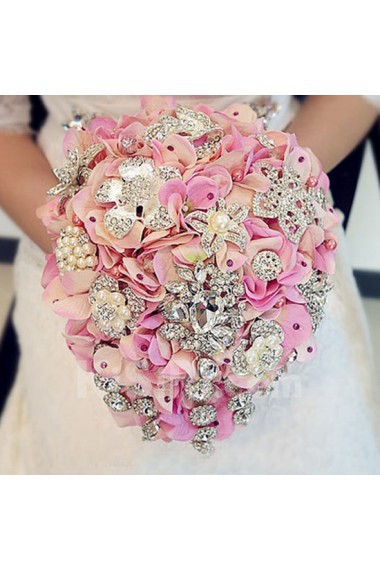 Pink Satin Wedding Bridal Bouquet with Rhinestone and Imitation Pearls