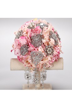 Pink Satin Wedding Bridal Bouquet with Rhinestone and Imitation Pearls