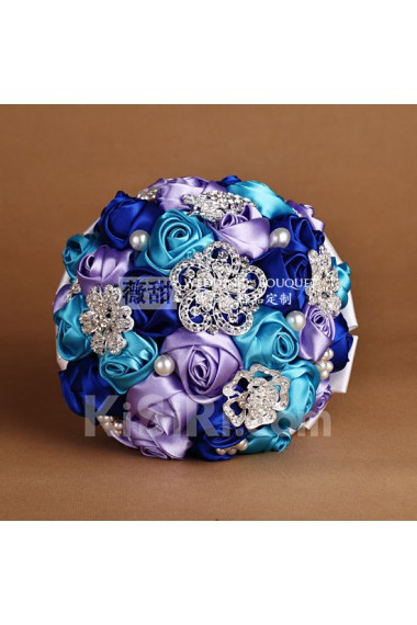 Sky Blue and Royal Blue and Light Purple Satin Wedding Bridal Bouquet with Rhinestone and Imitation Pearls