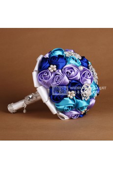 Sky Blue and Royal Blue and Light Purple Satin Wedding Bridal Bouquet with Rhinestone and Imitation Pearls