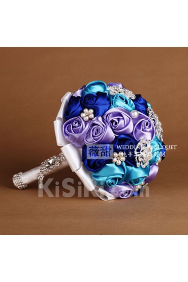 Sky Blue and Royal Blue and Light Purple Satin Wedding Bridal Bouquet with Rhinestone and Imitation Pearls